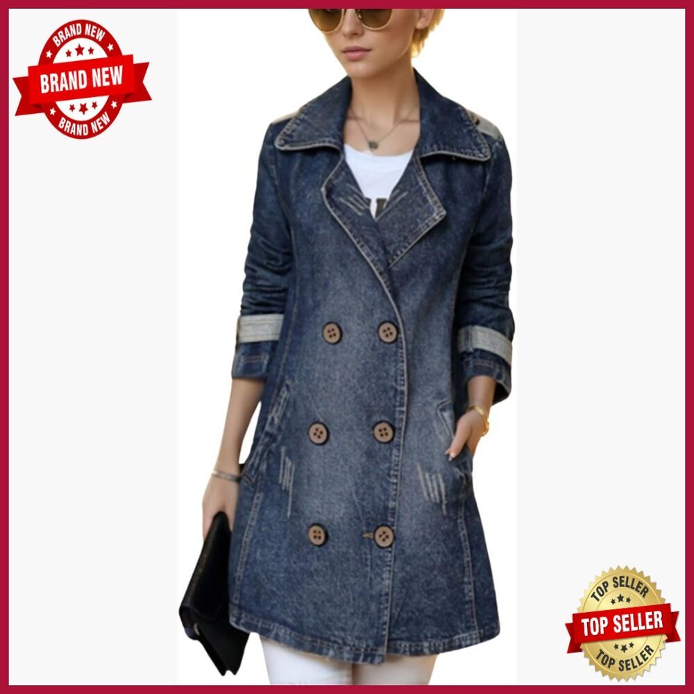 Slim Fit Denim Trench Coat with Ripped Details and Pockets